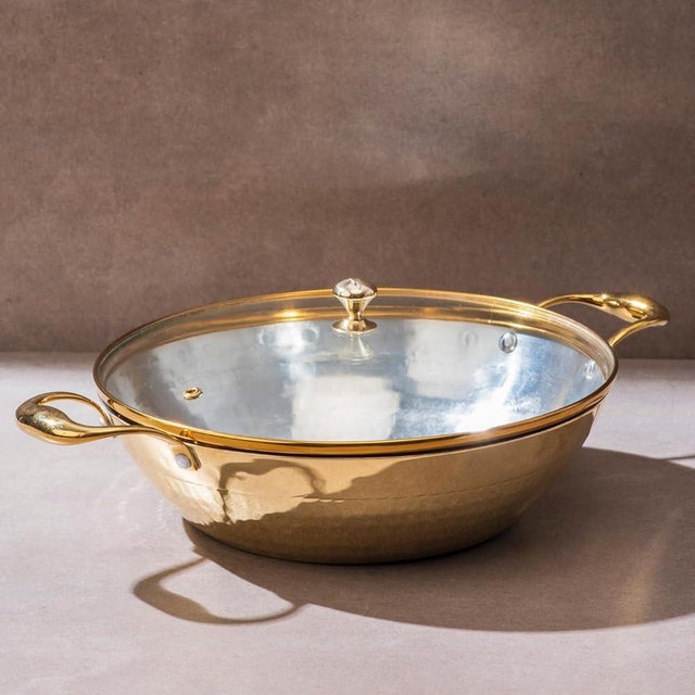 Brass Wok With a Lid, Kadhai, Nonstick Wok Pan with a Tin Coating, Non-Toxic Cookware with Ayurvedic Health Benefits, PFOA and PFAS Free (Glass Lid Flat Base)