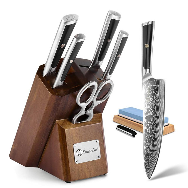 Sunnecko Damascus Kitchen Knife Set - Sharp Kitchen Knife Set of 7pcs with Japanese Damascus Steel VG10 - Professional Kitchen Knife Block Set with Full-tang Stainless Steel Handle