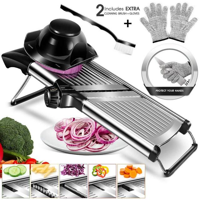 Adjustable Mandoline Food Slicer with Black cleaning brush and Gloves Stainless Steel Slicer Vegetable Potato Onion Food Slicer for Kitchen