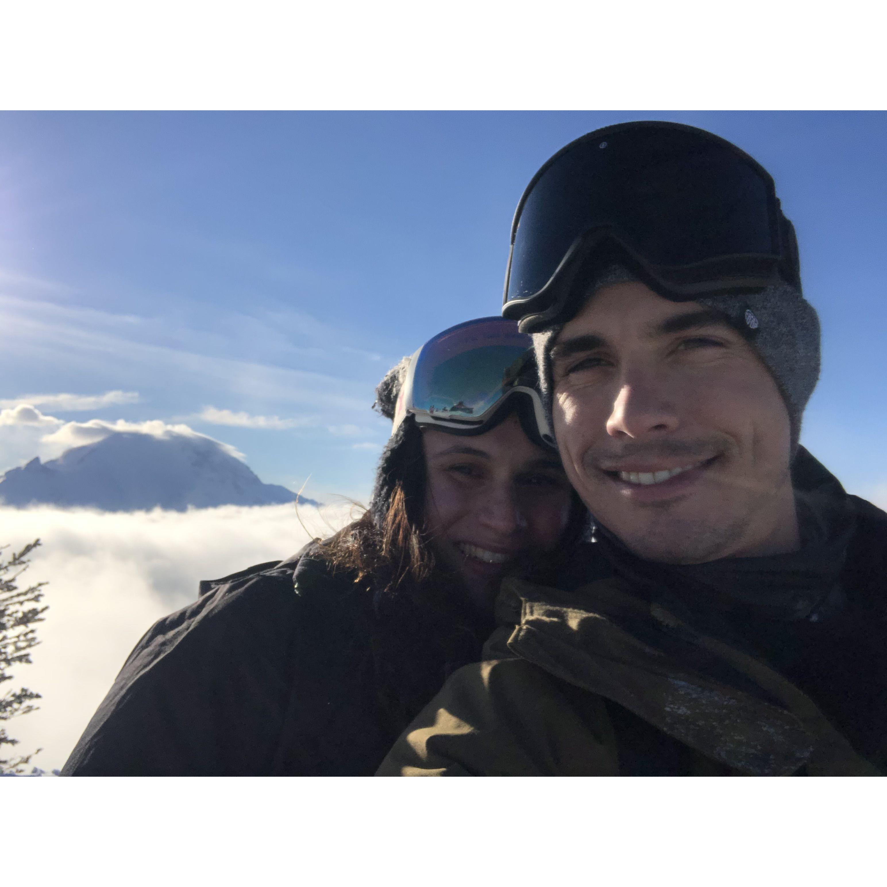At the peak of Crystal Mountain. Mt. Rainer in the background!