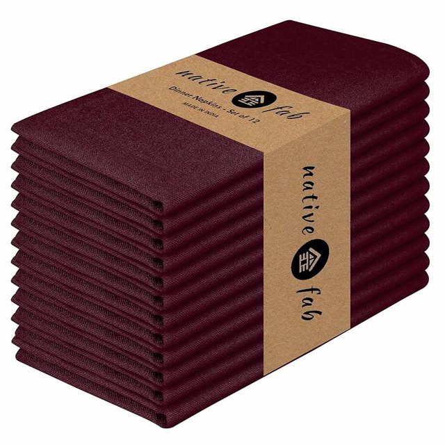 Native Fab Cloth Napkins, Set of 12, 17" x 17", 100% Cotton, Washable & Reusable Fabric Linen, Table Decor for Dinner, Events, Parties, Weddings – Burgundy