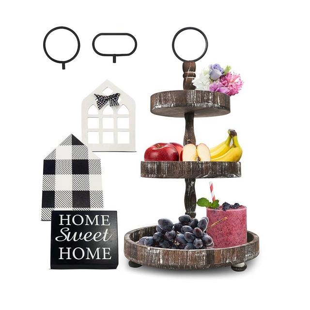 AONEHOME Adjustable 3 Tiered Tray Stand with Farmhouse Decor, Brown Tiered Tray Decorative Trays – 3 Tier Cupcake Stand - 3 Tier Serving Tray - Tiered Tray Decor for Fruits Display Coffee Stand