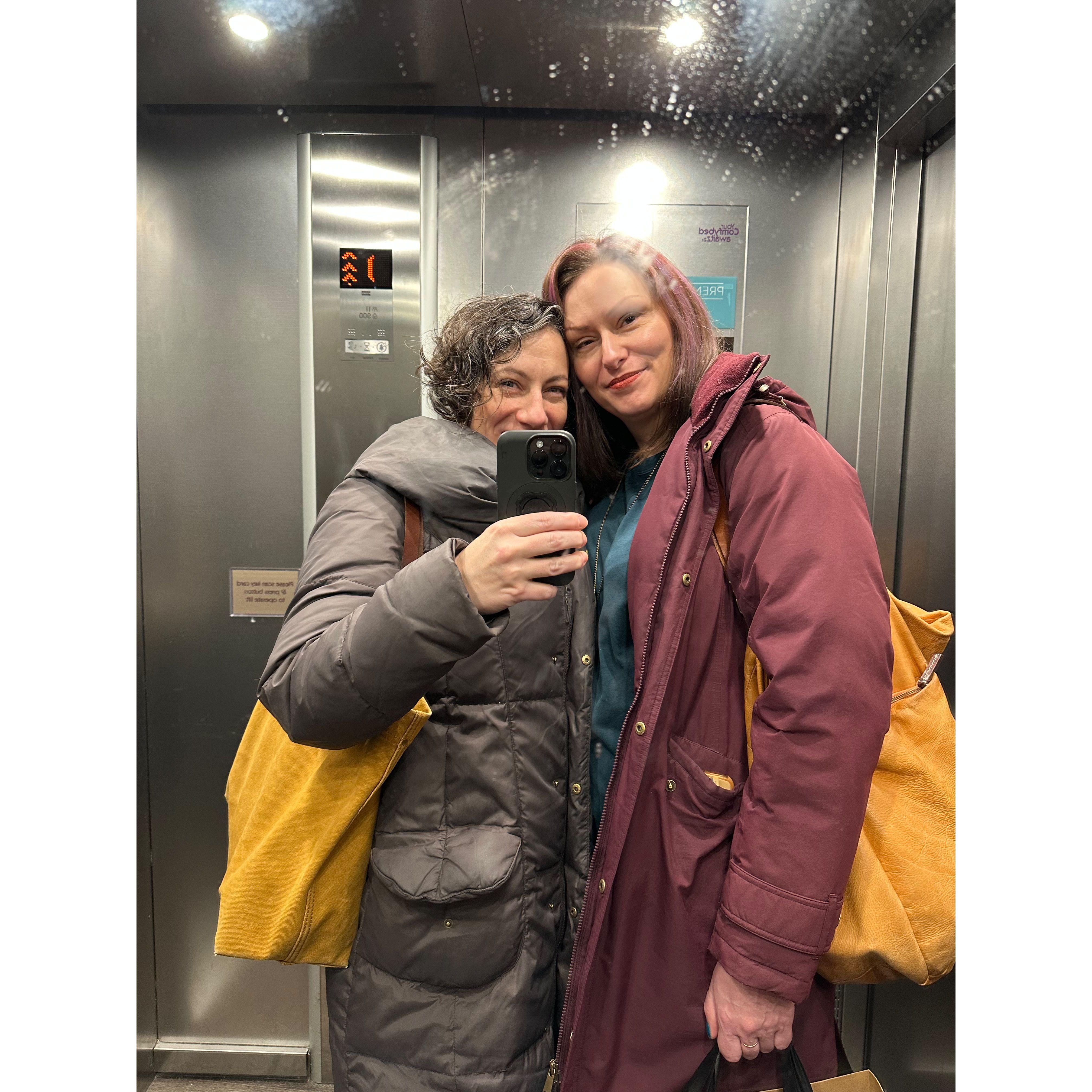 In the lift in Walthamstow at Gabrielle's place.