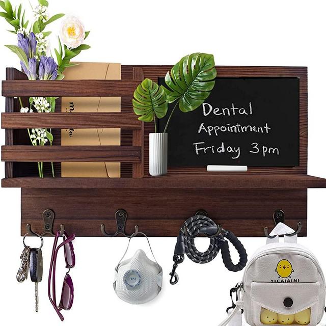 Key Holder for Wall, Megadream Front Door Organizer Wooden Mail Letter Holder Box, Key Ring Holder for Wall with Chalkboard, 4 Double Key|Coat|Bag Hooks