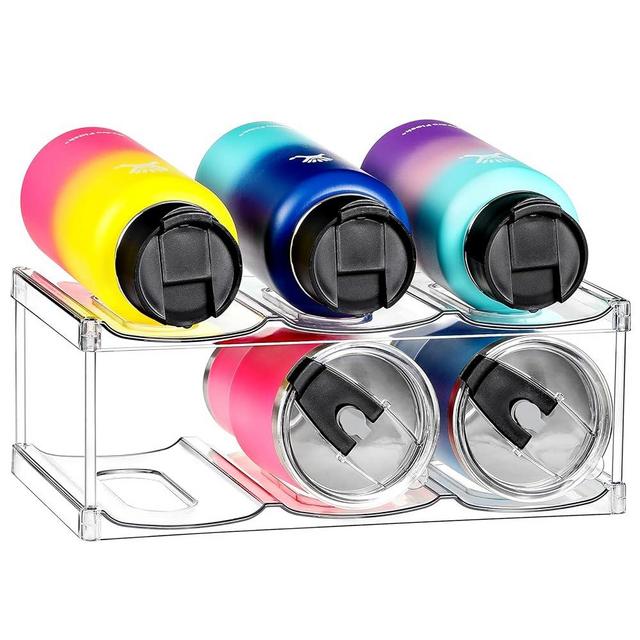 [Large Compartment] 2 Tier Stackable Clear Water Bottle Organizer for Cabinet - Premium Stable Storage Rack for Tumbler, Cup, Travel Mug, Wine Display - 6 Bottles Holder for Home Kitchen Refrigerator