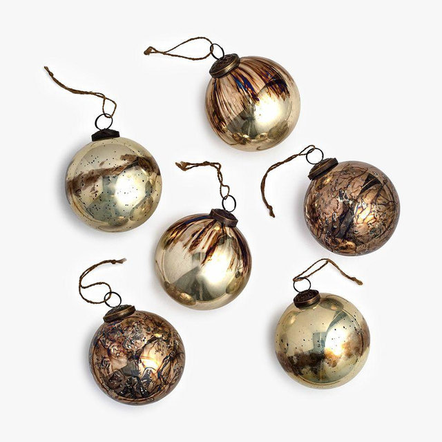 Mouth Blown Antique Gold & Brass Ball Ornaments, 4" Diam., Set Of 6