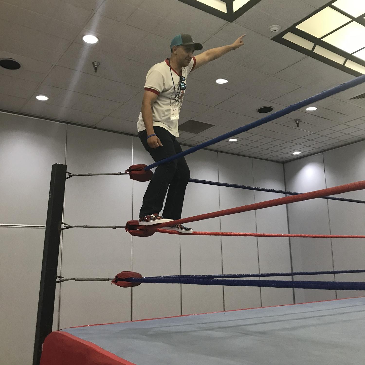 When we got to the the Luchadors from Mexico at a convention and we found the room before the event.