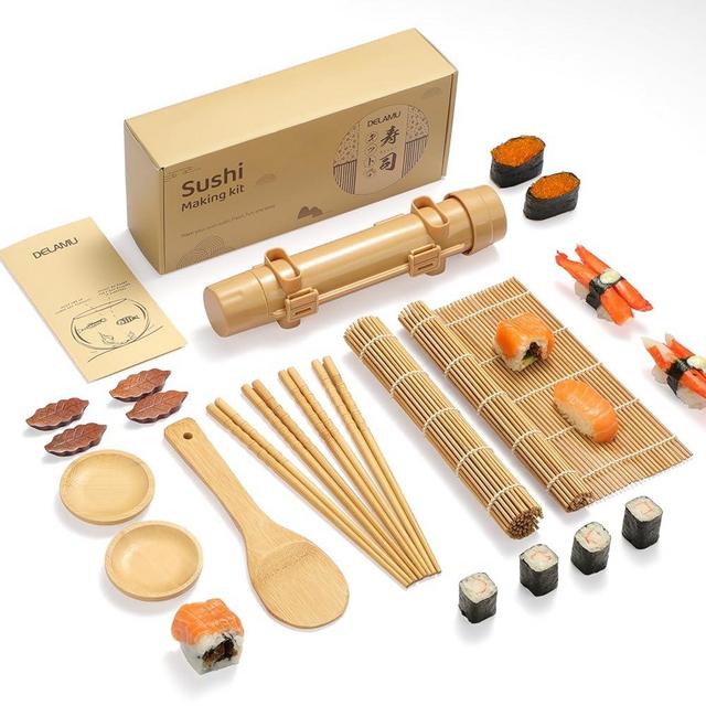 Delamu Sushi Making Kit, [Easy] Sushi Kit for Beginners/Pros Sushi Makers, Practical Bamboo Sushi Mats, Sushi Bazooka, Chopsticks, Guide & More