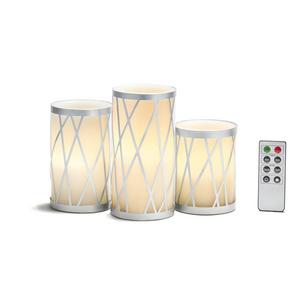 White Flameless Pillar Candles, Silver Metal Removable Holders, Real Wax, Set of 3, Warm White LEDs, Remote & Batteries Included - Great for Gifts, Weddings and Home Decor