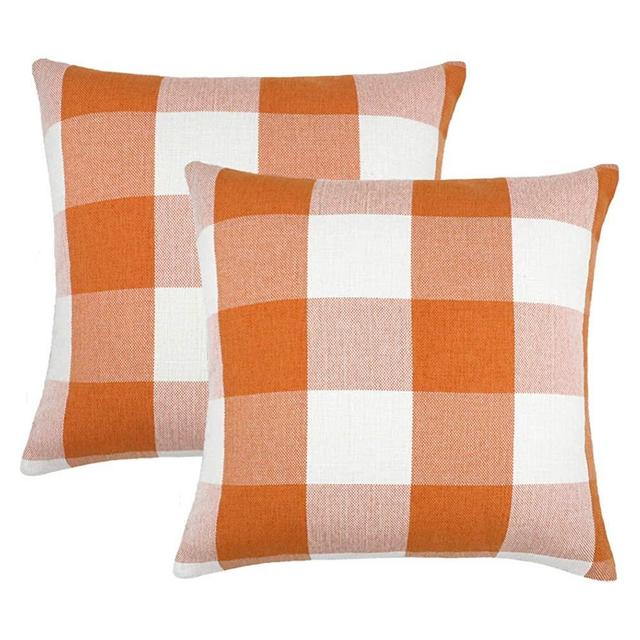 4TH Emotion Set of 2 Farmhouse Buffalo Check Plaid Throw Pillow Covers Cushion Case Cotton Linen for Fall Home Decor Orange and White, 16 x 16 Inches