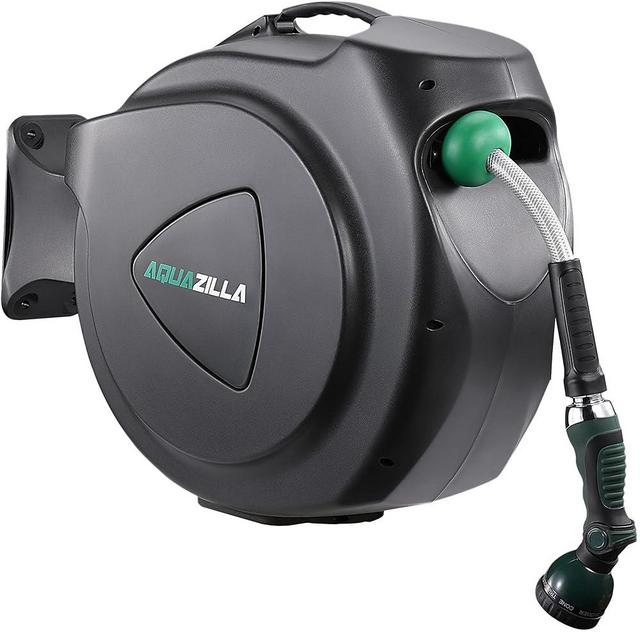 AQUAZILLA Retractable Garden Hose Reel 65FT +6FT 5/8", Durable Wall Mounted Water Hose Reel- Smooth Automatic Rewind, Lock Hose in Any Lenght, 180° Swival Bracket, 9 Pattern Sprayer.