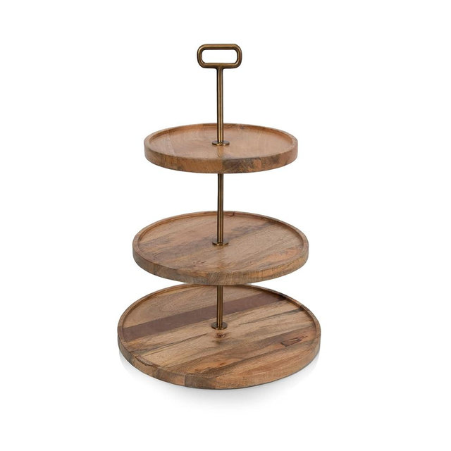 PICNIC TIME Tapas 3-Tiered Serving Tray, Caribbean Walnut Cupcake Stand, Wooden Cheese Board, (Mango Wood)