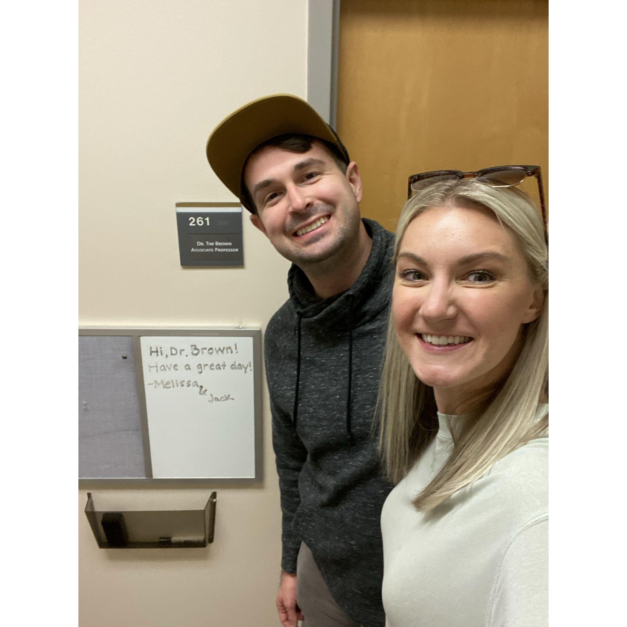 We stopped by the Nicholson School of Communications to visit where we met back in 2013 and left a note for our professor, Dr. Brown! He will be officiating our wedding.