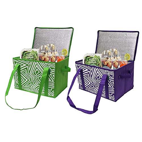 Earthwise Insulated Reusable Grocery Bag Shopping Box with Reinforced Bottom Panel and Zipper Top Lid with Extra Side Handles for Easy Lifting (Set of 2) (Green/Purple)