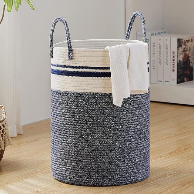 Fiona's magic Woven Rope Laundry Hamper, Tall Laundry Basket Storage, Baby Nursery Hamper for Blankets, Toys and Clothes Hamper for Bedroom and Living Room Organizing, Jute, 58L, Blue