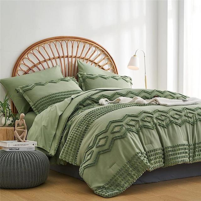 Sage Green Tufted Comforter Set King Size 7 Piece Bed in a Bag, Shabby Chic Boho Comforter and Sheet Set, Pom Pom Textured Bed Set, All Season Soft Microfiber Complete Bedding Set(Green,King)