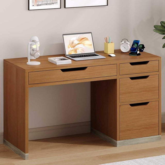 MaverickFurni Small Desk with Drawers, 52 Inch Computer Desk with Storage, Home Office Desk with Filing Drawer for Bedroom, Brown