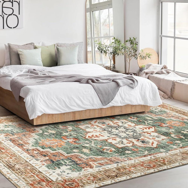 nusoarug 8x10 Green Boho Area Rug Machine Washable, 8' x 10' Carpet Soft Non-Slip Area Rugs with Rubber Backing for Living Room Bedroom Kitchen Bathroom Entryway, Yellow & Green