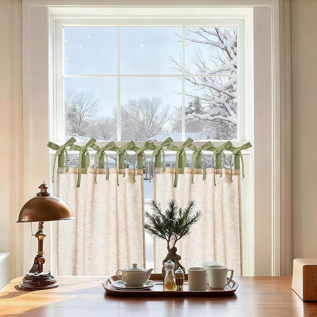 jinchan Linen Tie Top Curtains 24 Inch Length Farmhouse Cafe Curtains Set of 2 for Bedroom Bathroom Rustic Small Windows Light Filtering Crude Panels with Sage Green Ties