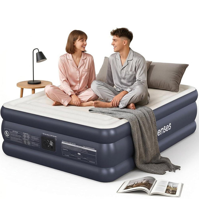 Prosenses Queen Air Mattress with Built-in Pump-18 Elevated, Horizontal I-Beam Support 800 LBS, Airtight PVC Bonding, Rapid 3-Min Inflation Blow up Mattress with Carry Bag for Home Guests Camping