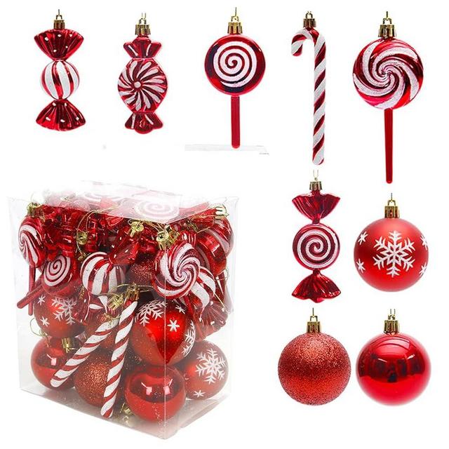 36 Pcs Red and White Christmas Ornaments - Shatterproof Plastic Balls for Xmas Tree - Candy Cane Decorations for Party and Holiday