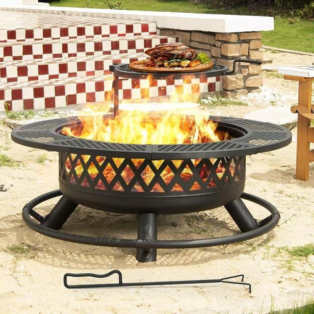 Panovue 42 Inch Outdoor Fire Pit with Grill, Large Fire Pit Table for Outside, Metal Round Fire Pits with Lid&Fire Poker,3 in 1 Wood Burning Fire Pits & Outdoor Fireplaces for Backyard,Patio(Black)