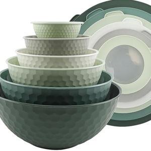 COOK WITH COLOR Mixing Bowls with Lids - 12 Piece Plastic Nesting Bowls Set includes 6 Prep Bowls and 6 Lids, Microwave Safe Mixing Bowl Set, Sage Embossed