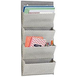 mDesign Wall Mount/Over the Door Fabric Office Supplies Storage Organizer for Notebooks, Planners, File Folders - 4 Pockets, Gray/Cream