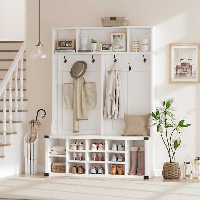Garvee Hall Tree with Bench & Shoe Storage, 3-in-1 Wider Entryway Bench with Coat Rack & Adjustable Shelf, Farmhouse Hall Tree