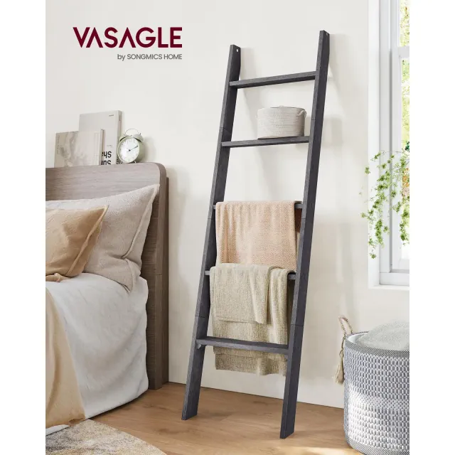 5-Tier Farmhouse Blanket Ladder Shelf - Rustic Wooden Storage Rack for Home Decor, Misty Gray