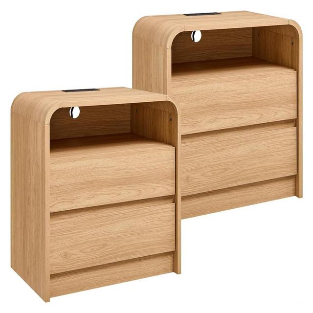 SinCiDo Set of 2 Nightstands, 25" Tall Modern Wood Bedside Table w/2 Drawers & Charging Station, Curved Profile, for Bedroom, Living Room, Natural