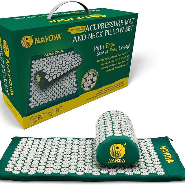 NAYOYA Neck and Back Pain Relief - Acupressure Mat and Neck Pillow Set - Relieves Stress and Sciatic Pain for Optimal Health and Wellness - Comes in a Carry Box with Handle for Storage and Travel