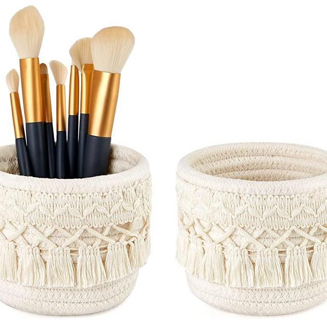 Mkono Macrame Makeup Brush Holder Organizer Comb Brushes Mini Storage Basket Set of 2 Boho Decor Baskets for Pen Pencil Box Container