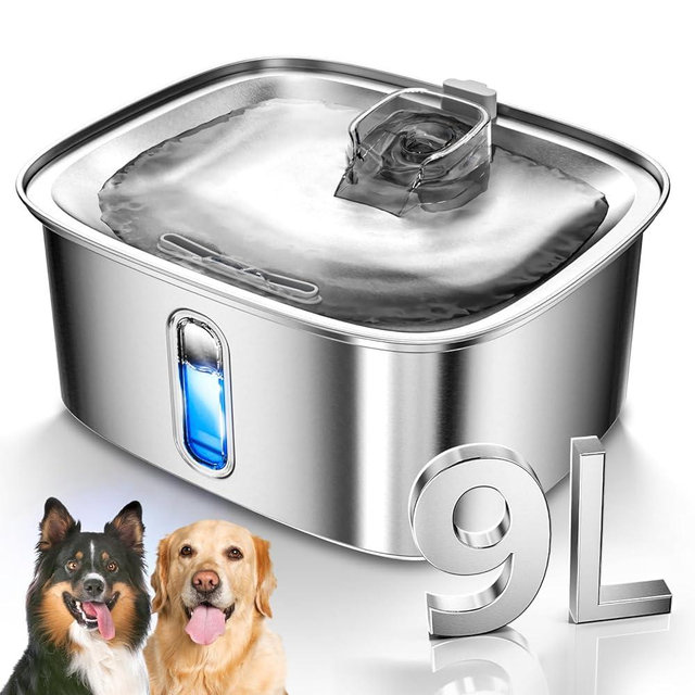 Dog Water Fountain for Large Dogs, 9L/2.4Gal Stainless Steel Dog Fountain with Water Level Window & Filtration, Automatic Pet Water Bowl Dispenser Indoor, Super Quiet for Multi-Pet