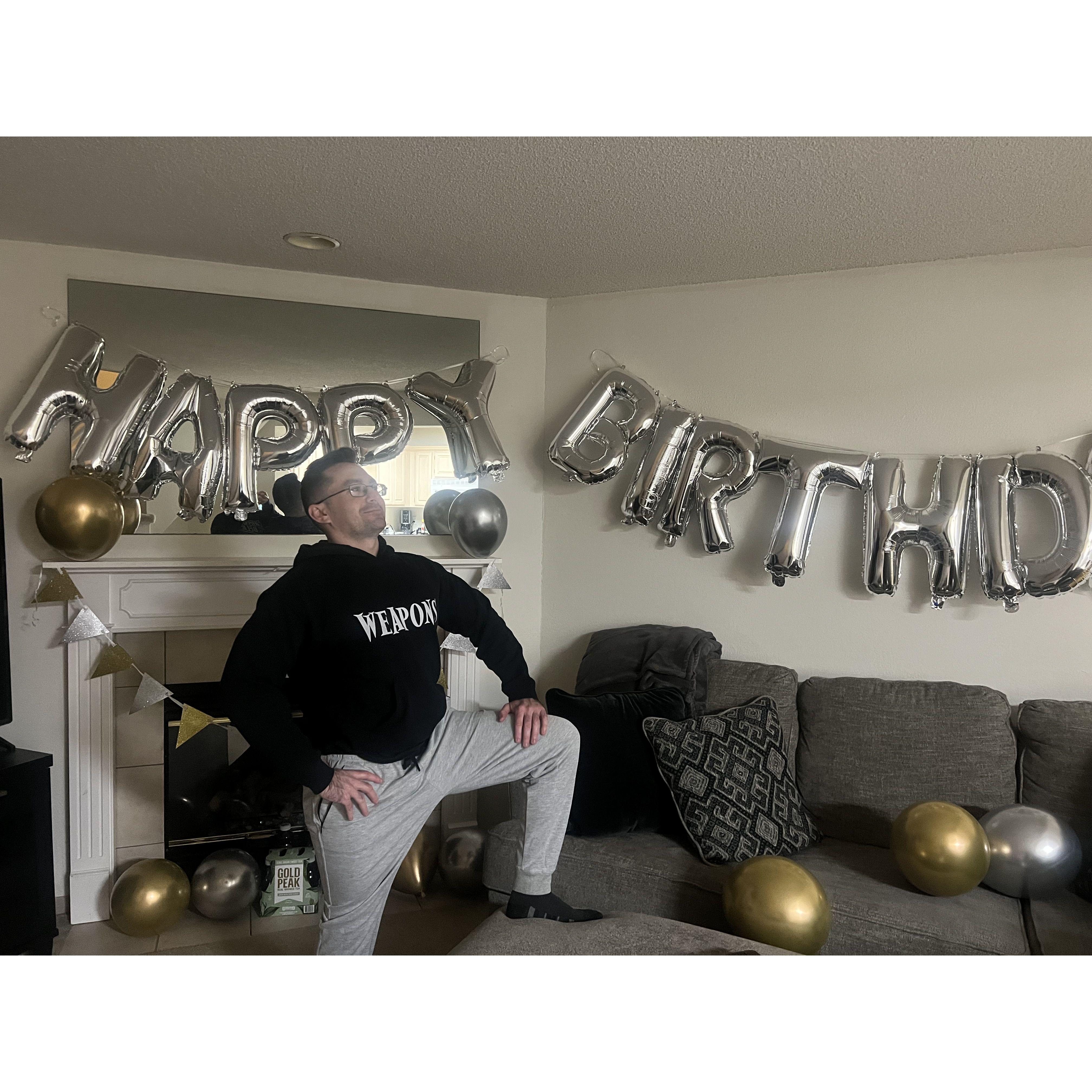 Ashley surprised Allan with giant balloons for this birthday!
