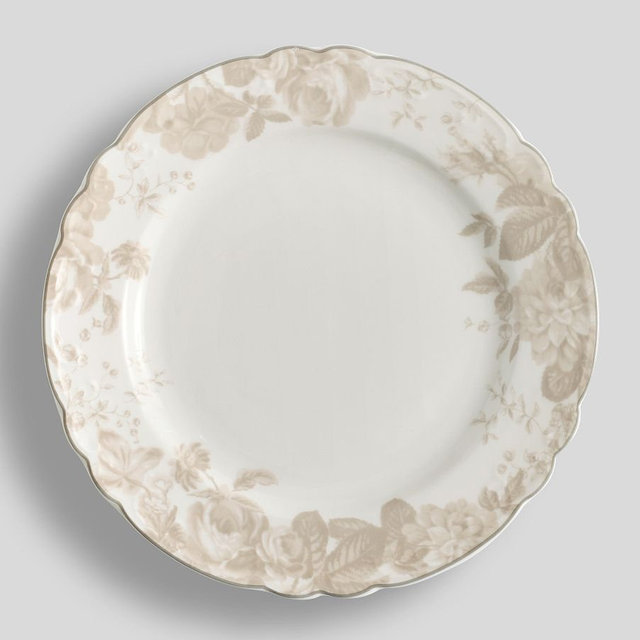 LoveShackFancy Neutral Floral Porcelain Salad Plates, Set of 4 - Tan/White