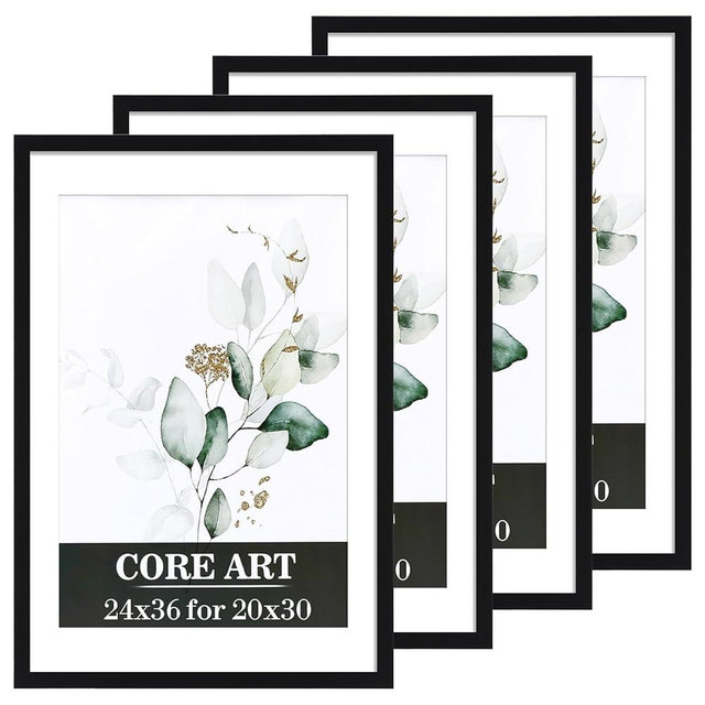 CORE ART 24x36 Poster Frame 4 Pack - Black Picture Frame for Wall Display, Fits 20x30 with Mat or 24 x 36 Without Mat, Horizontal & Vertical Mounting