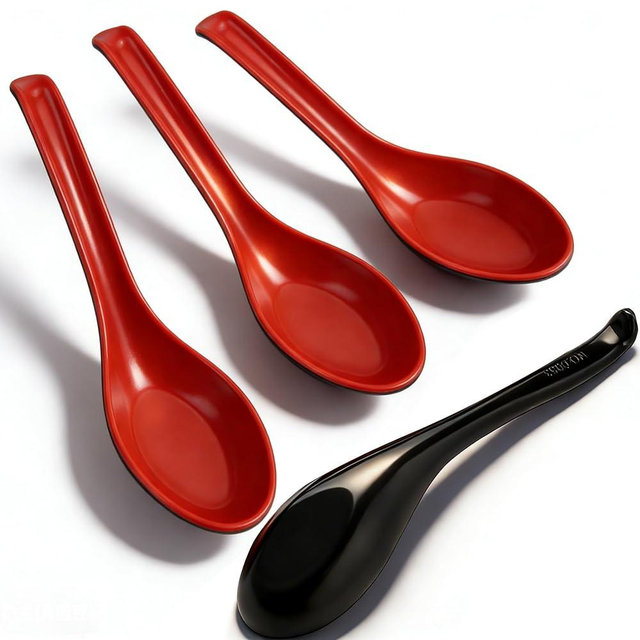 4PCS Asian Soup Spoons, Chinese Japanese Miso Ramen Wonton Dumpling Pho Rice Noodle Soba Soup Spoons, Red and Black Melamine Spoons