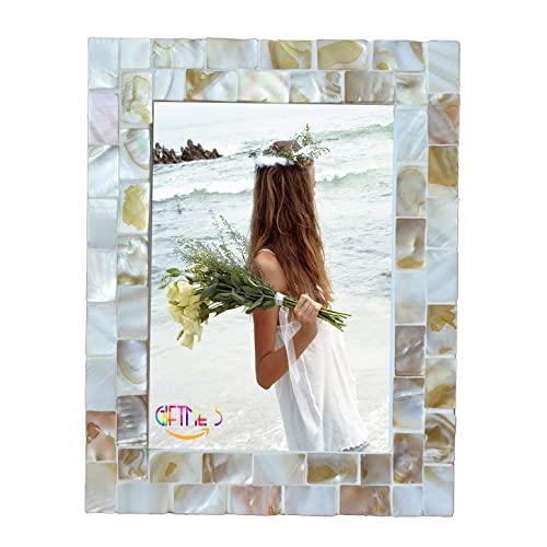 GIFTME 5 Picture Frame 5x7 Mother of Pearl Photo Frame,Beach Picture Frame Tabletop or Wall Hanging Display Frame(5x7, Natural White,1pc)