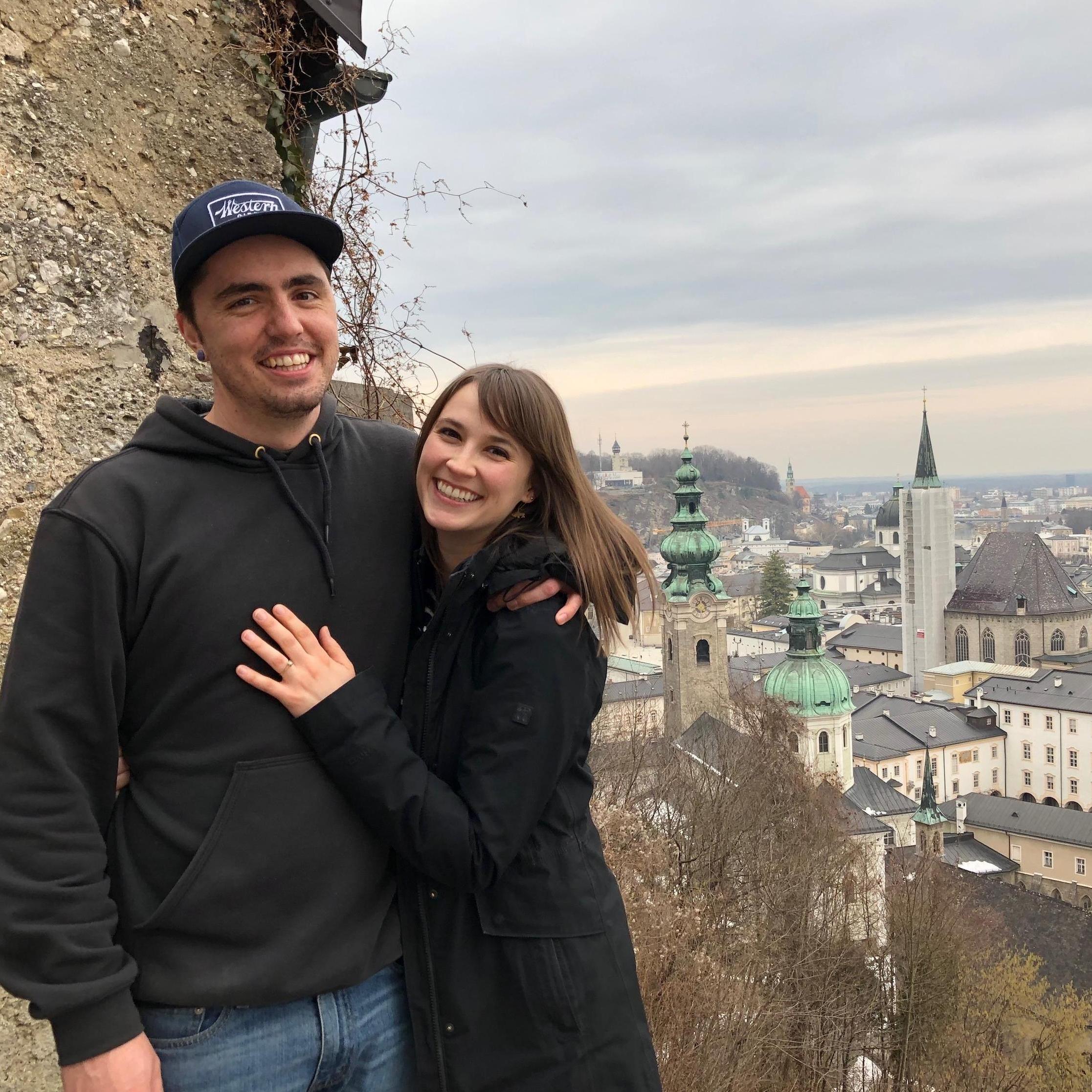 Post-proposal shot from a ledge overlooking beautiful Salzburg, Austria.