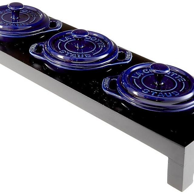 Staub Ceramic 3-pc Mini Round Cocotte Set with Stand - Dark Blue
