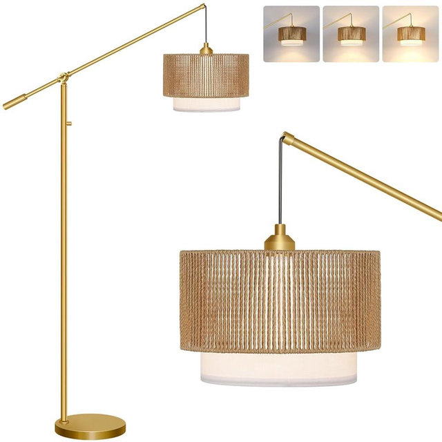 【Upgraded】Arc Floor Lamp for Living Room, Boho Dimmable Swing Arm Floor Lamp with Rattan & Fabric Shades, Gold Rattan Standing Lamp with 11W Bulb, Farmhouse Adjustable Tall Lamp for Bedroom Office