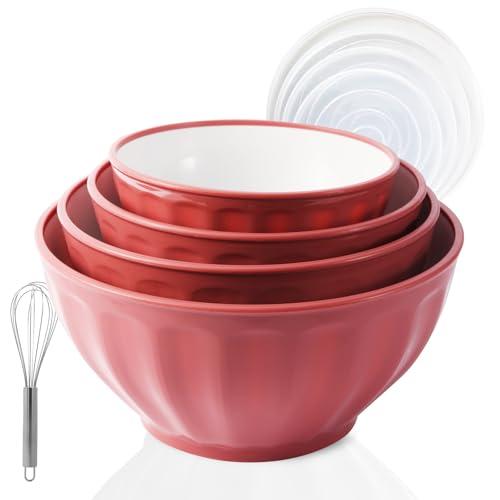 JCXivan Mixing Bowl Set,Serving Bowls with Lids,Plastic Storage Bowls for Kitchen Prep,Cooking,Storing Food,4 Mixing Bowls with Lid and 1Egg Whisk,Microwavable,Stackable,Baking Accessories,Hot Pink