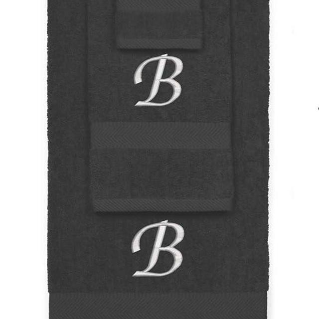 BY LORA Custom Embroidered Terry Cotton Ring Spun Bath Towel, Hand Towel and Washcloth Set - Charcoal Towel Set, Silver Chancery Initial B