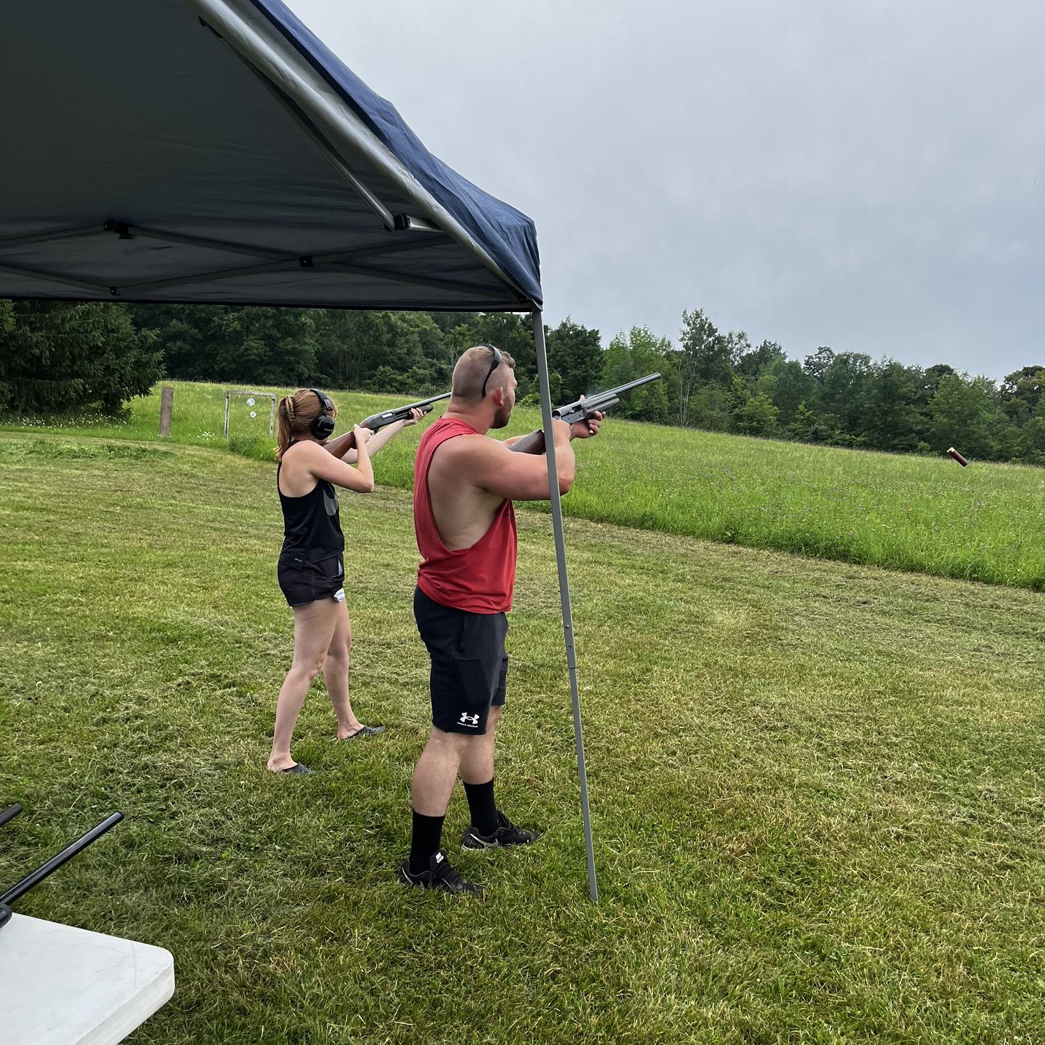 "Top Gun" memorial skeet shoot in memory of my Dad, Tom George. Kyle beat me! July 9, 2023.