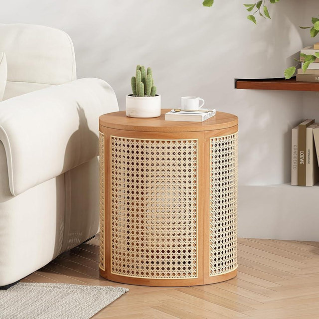Christopher Knight Home Aurl 15.70" Round End Table, Hollow Woven Side Table, Small Rubber Wood Nightstand, Rattan Woven Tea Desk, Round Wood Tabletop, Chic Home Deor Desk, Easy Assembly, Natural