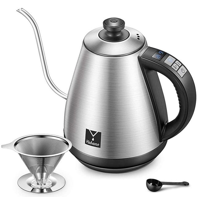 Electric Gooseneck Kettle with Variable Temperature Control Pour Over Coffee Kettle and Tea Kettle, 1000W Quick Boiling Water Kettle Full Stainless Steel Inner Heater, 1.0L, Brushed Silver