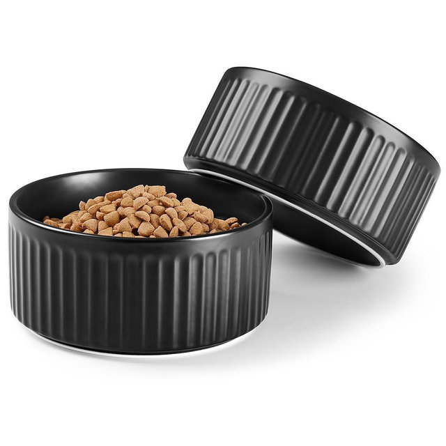 Wellbro Non-Slip Ceramic Dog Bowls,8" Dog Food and Water Bowl Set with Silicone Base, 64oz/8cups Weighted Flip-Proof Pet Feeding Bowl for Medium and Large Dogs (Large,Black)