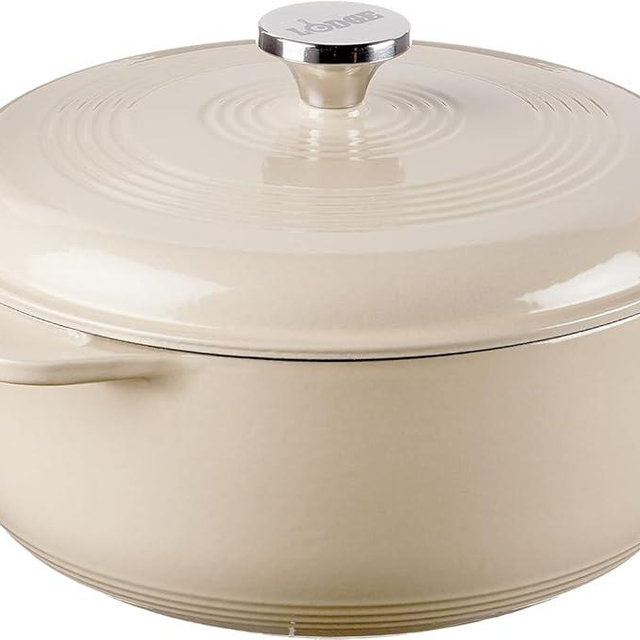 Lodge 4.5 Quart Enameled Cast Iron Dutch Oven with Lid – Dual Handles – Oven Safe up to 500° F or on Stovetop - Use to Marinate, Cook, Bake, Refrigerate and Serve – Sandalwood