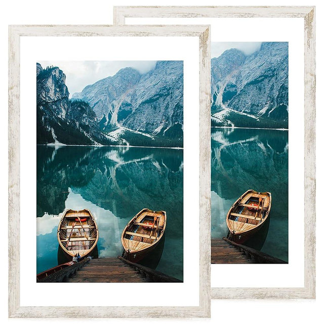 Hongkee 24x36 Poster Frame Set of 2, Distressed White Wood Style - Display 24 x 36 Poster without Mat or 20x30 Picture with Mat, Wall Mounting Horizontal and Vertical